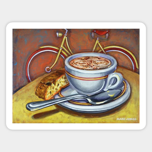 Yellow Dutch Bicycle with Cappuccino and Biscotti Sticker by markhowardjones